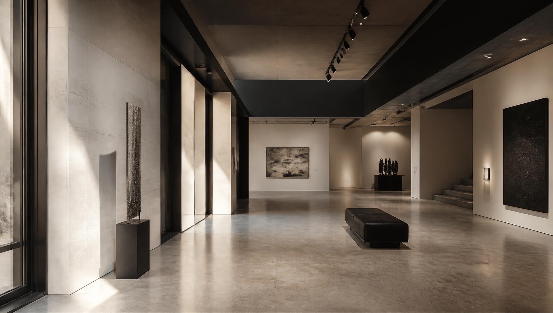 Galerie minimaliste habillée de pierre en grand format, lumière rasante